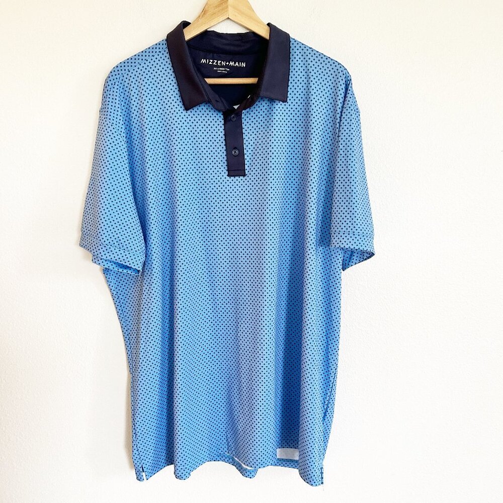 Mizzen + Main Versa Polo Shirt XXL Blue Geo Print Golf Trim Fit Performance